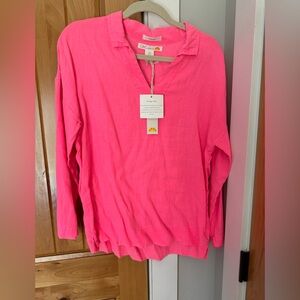 NWT C&C California bright pink long sleeve collared linen shirt
